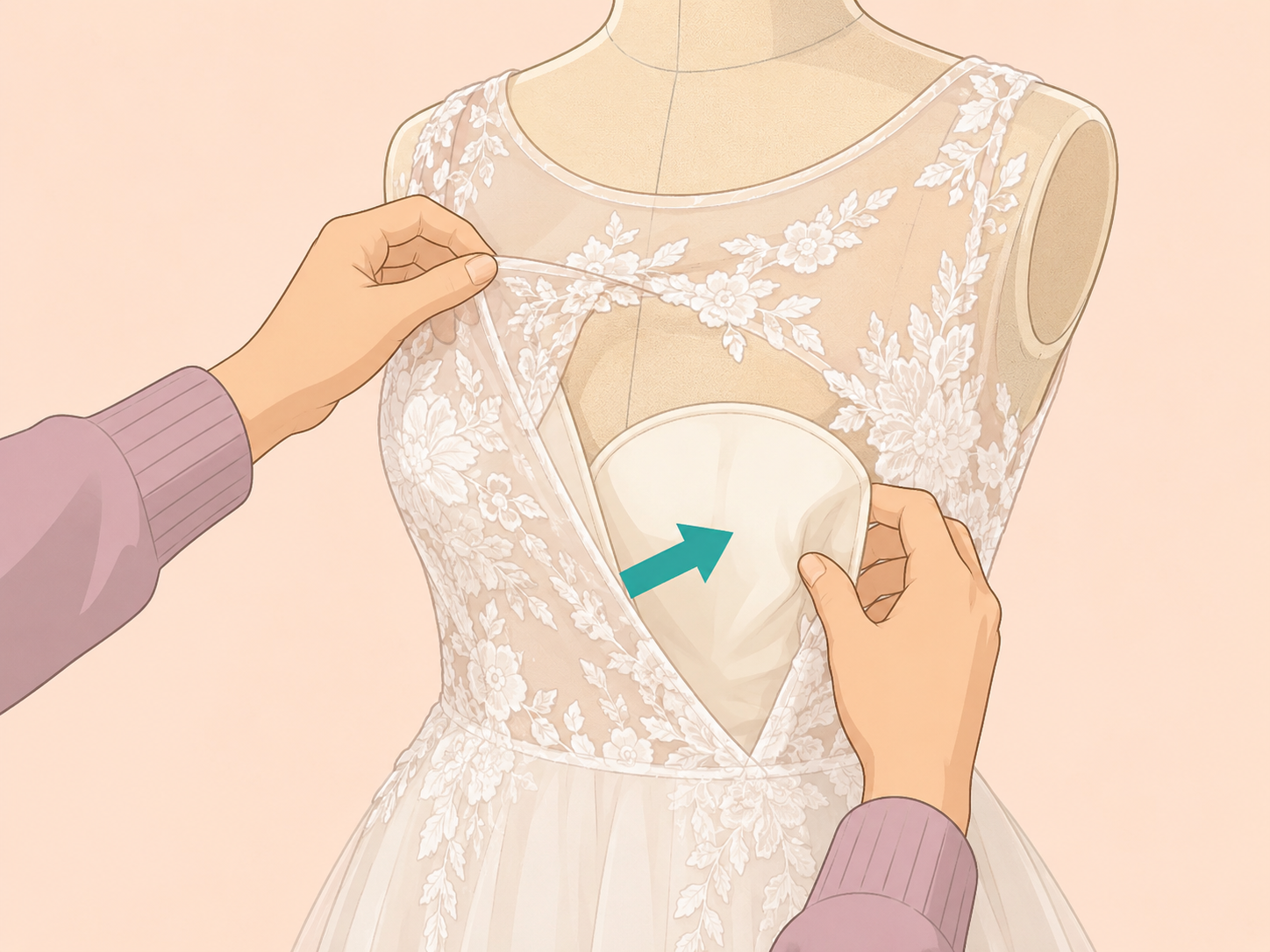 Hands checking the lining and illusion details of a sheer wedding dress.
