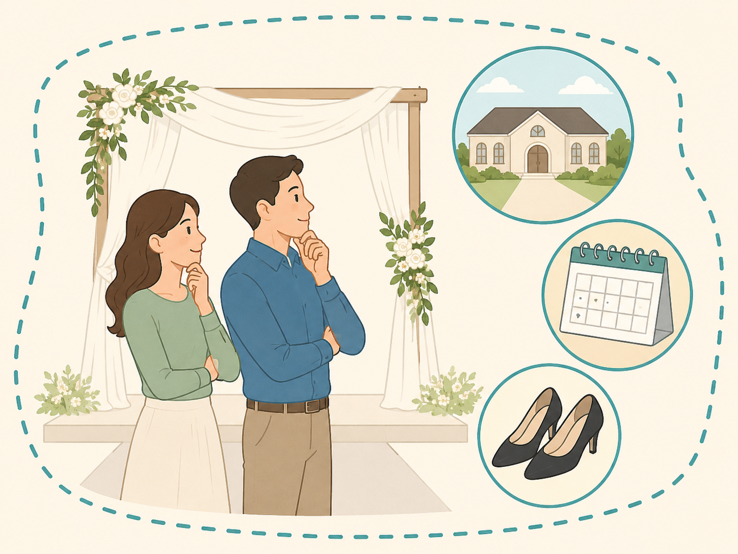 A wedding setting showing that venue and formality affect attire choices.