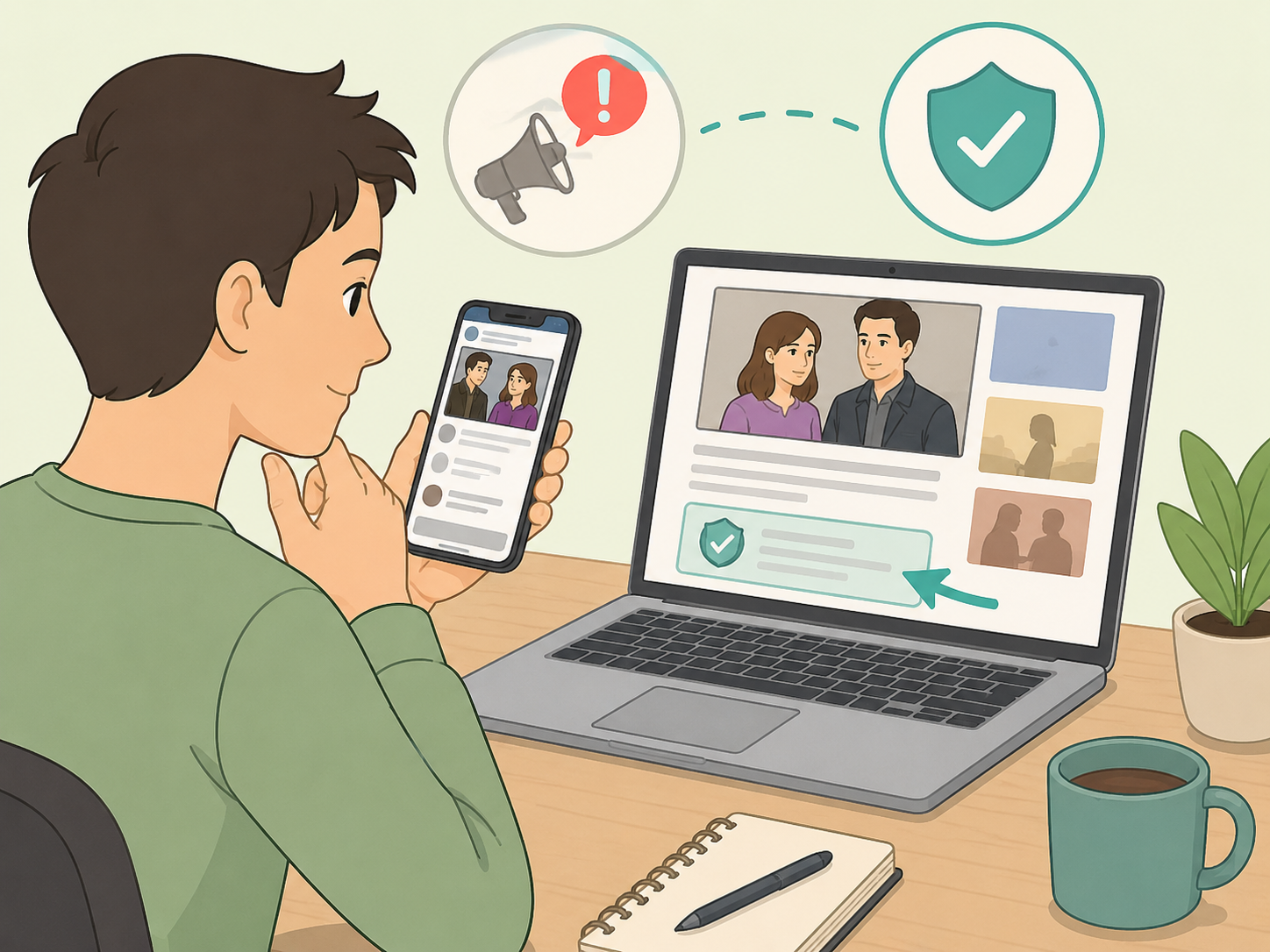 Person checking a reliable news source before sharing a story.
