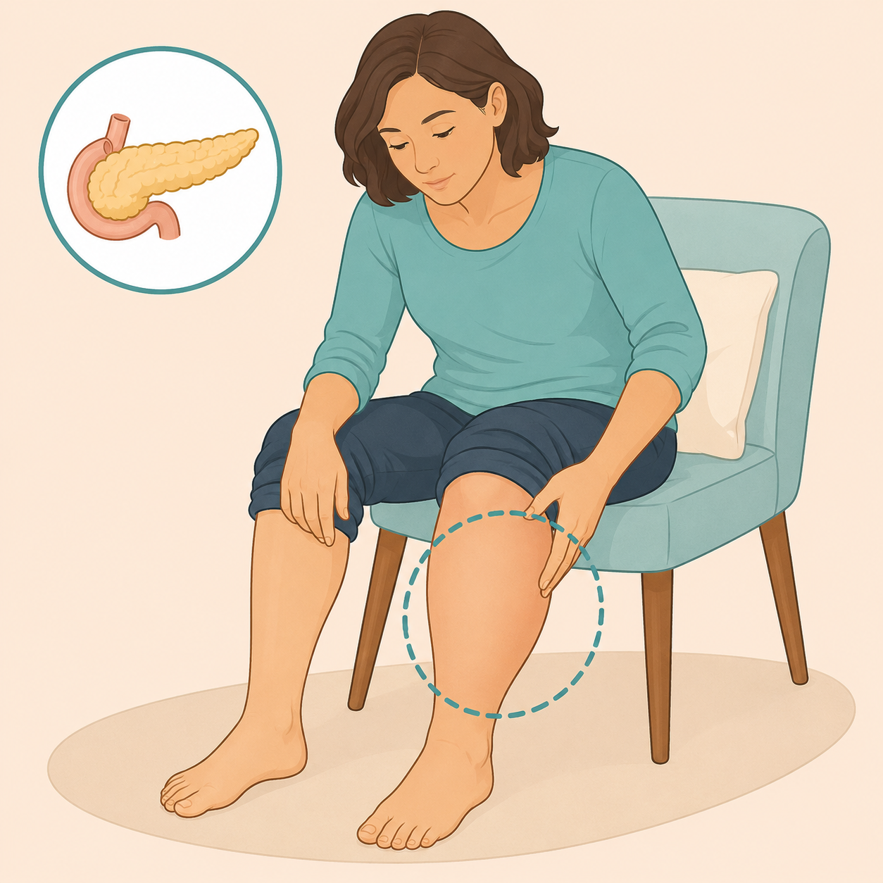 Illustration of a person checking one swollen calf while considering pancreatic health symptoms.