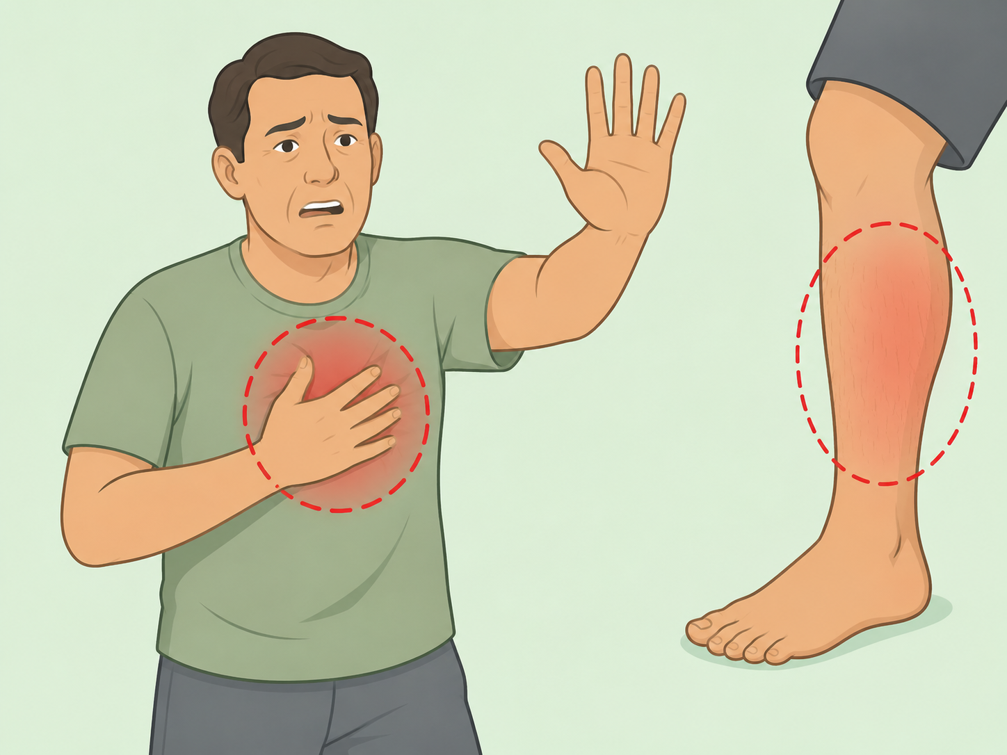 Person with leg symptoms and chest discomfort seeking urgent help.