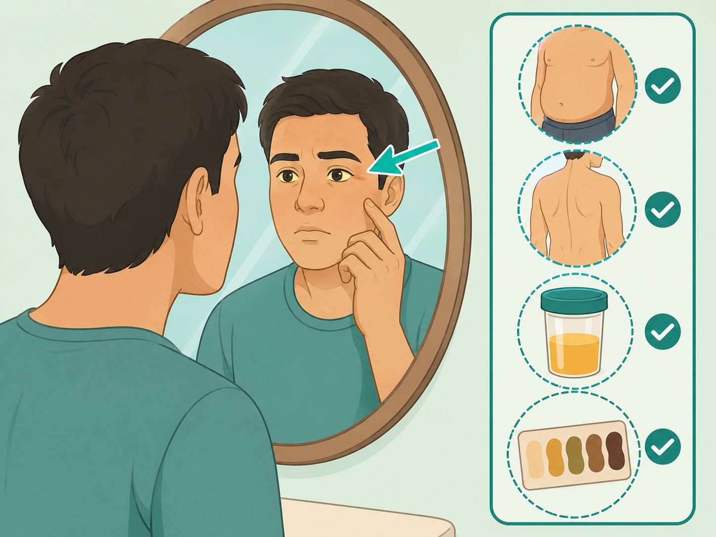 Person checking for jaundice and other pancreatic warning symptoms.