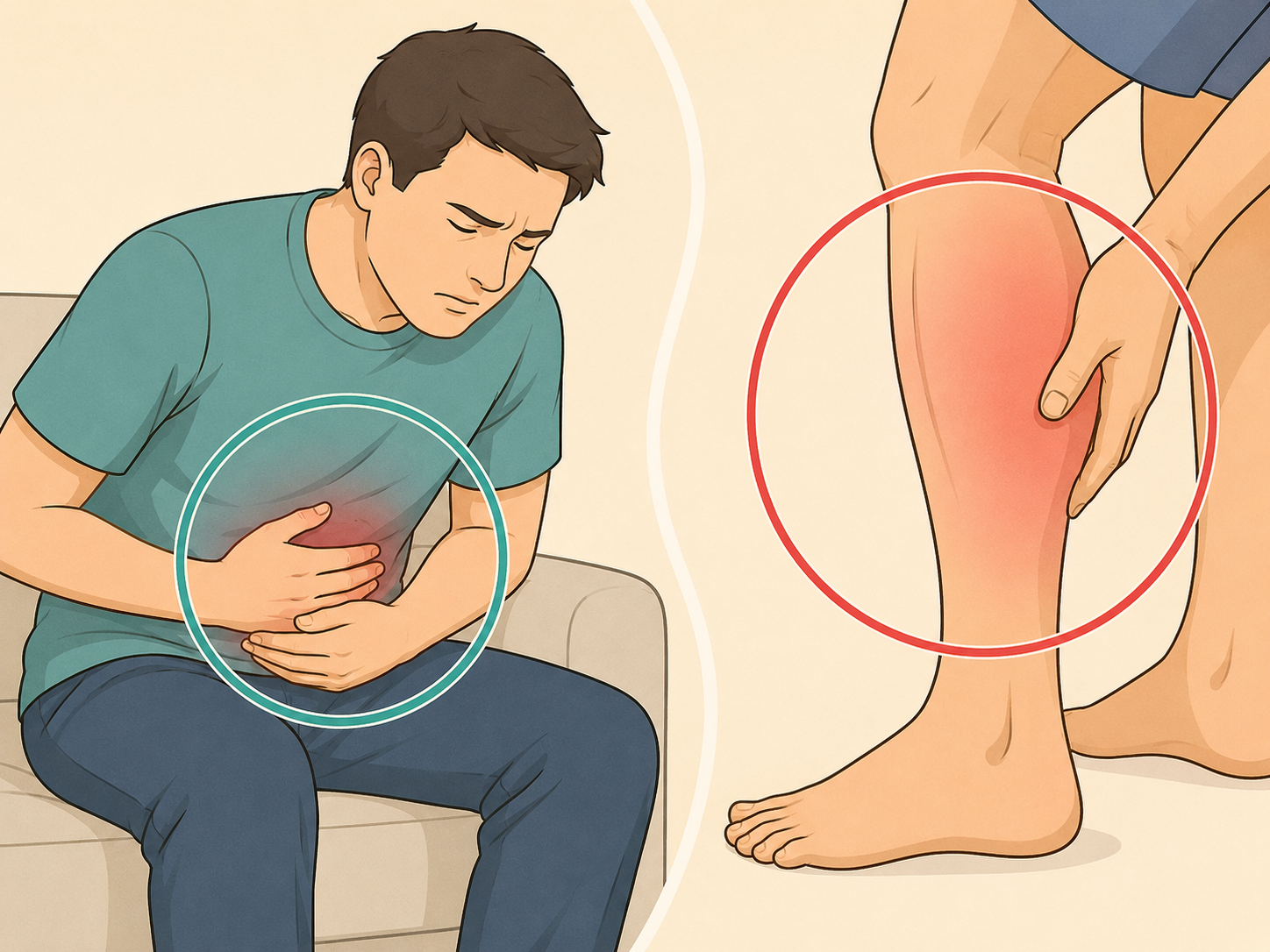 Illustration separating abdominal pancreatitis pain from swollen leg symptoms.
