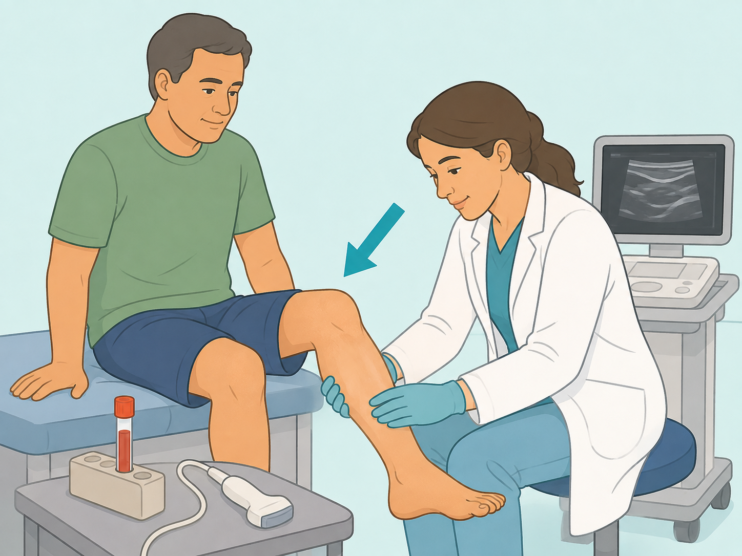 Clinician evaluating a patient's leg symptoms and ordering tests.