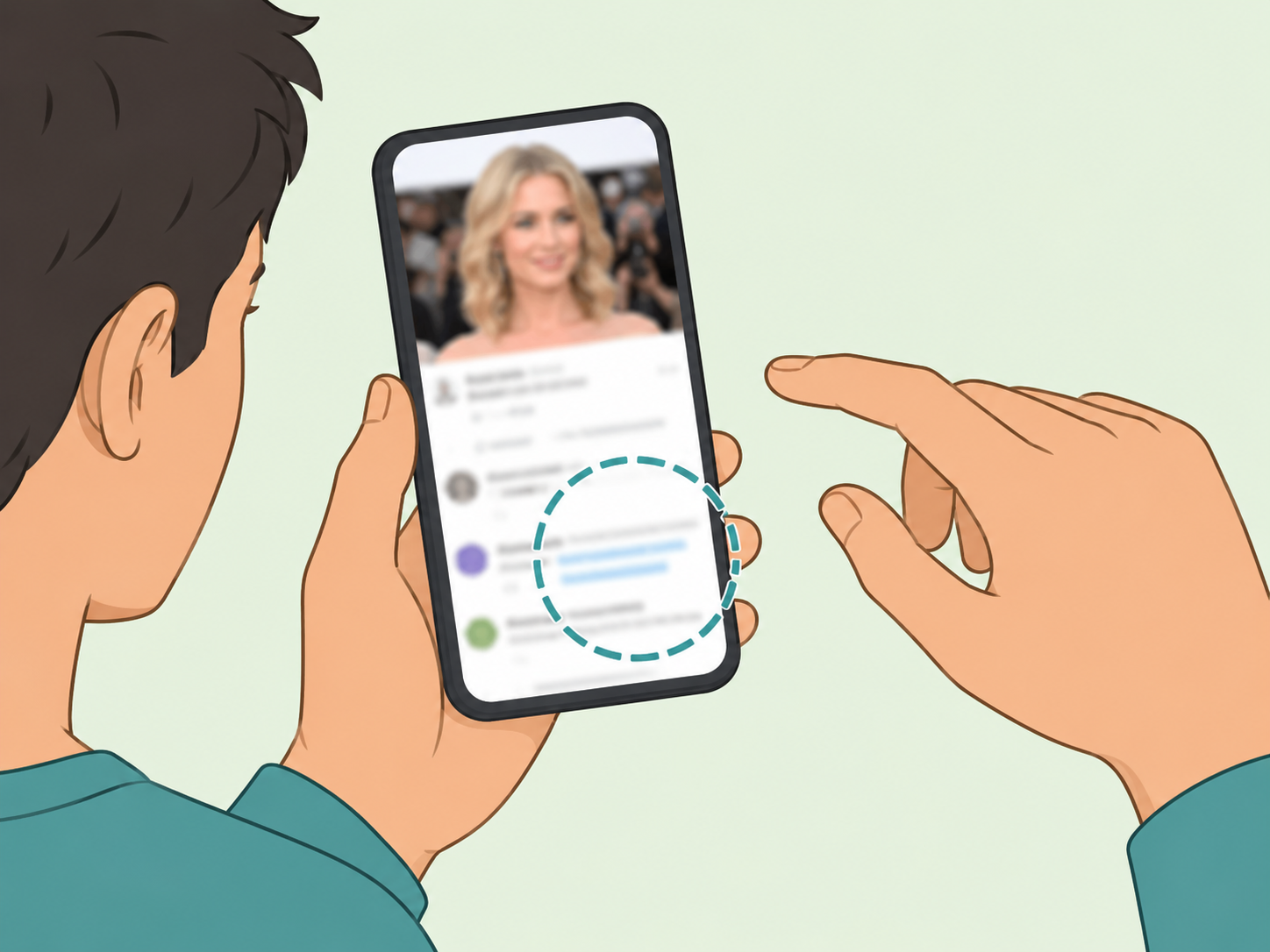 A person pausing before tapping a suspicious celebrity post on a phone.