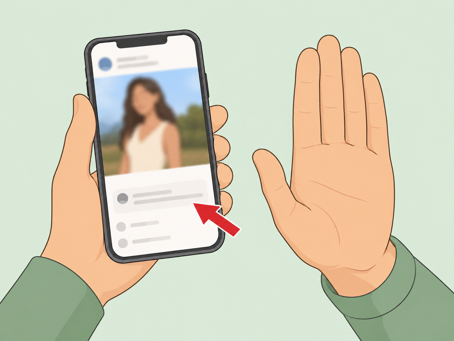 A person pausing before clicking a comment link on a social media post.
