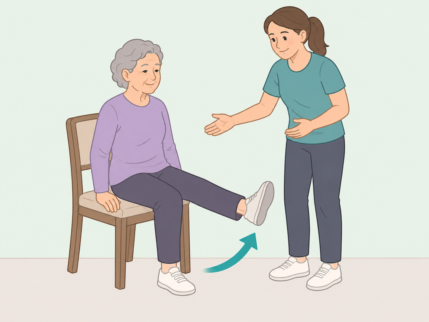 An older adult doing gentle exercise with support nearby.