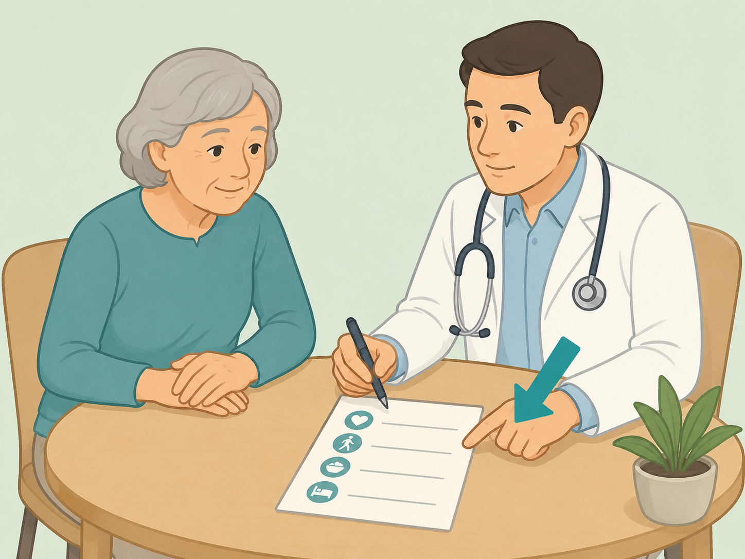 An older adult talking with a doctor about health warning signs.