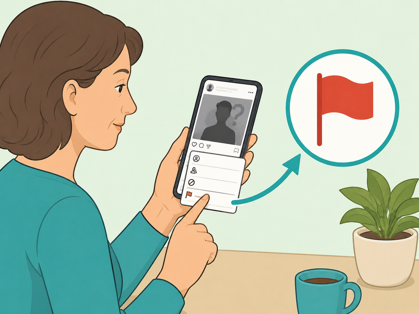 A person reporting a suspicious social media post on a phone.