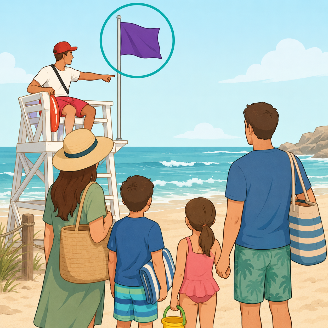 A family and lifeguard looking at a purple warning flag at a beach entrance.