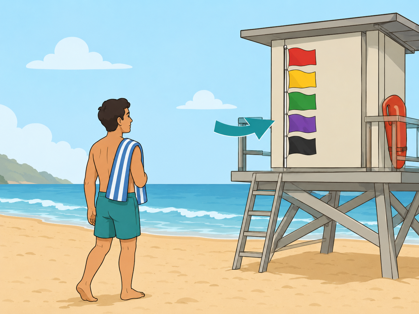 A beachgoer checking warning flags before entering the water.