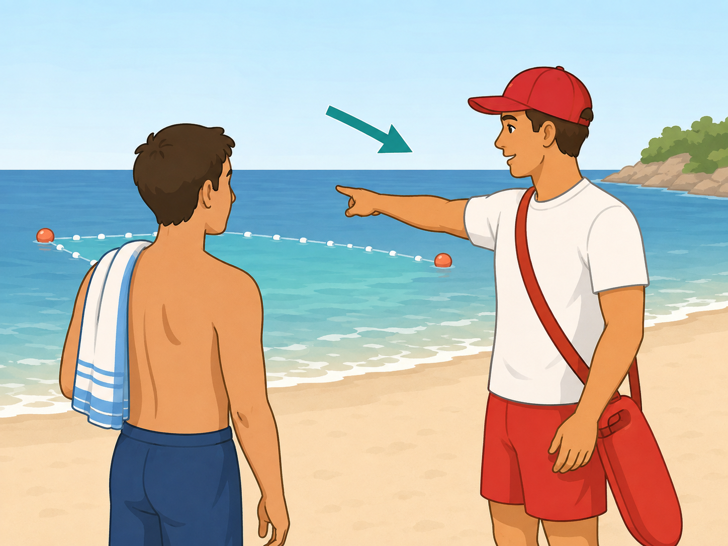 A swimmer asking a lifeguard about the purple flag warning.