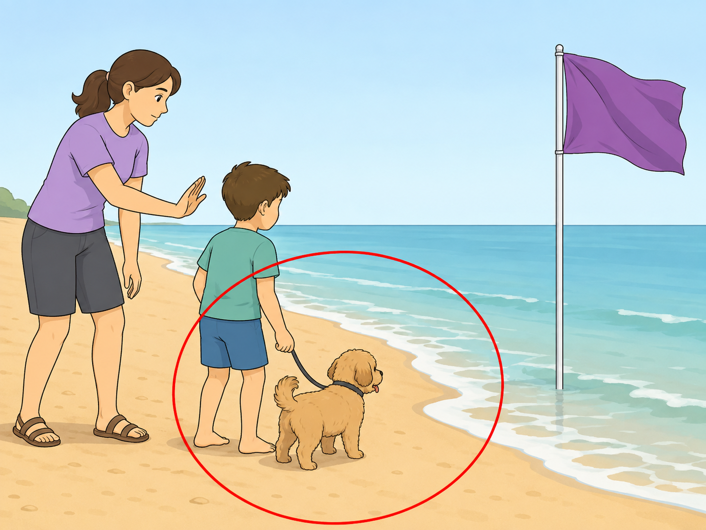 An adult keeping a child and pet out of the water during a purple flag warning.