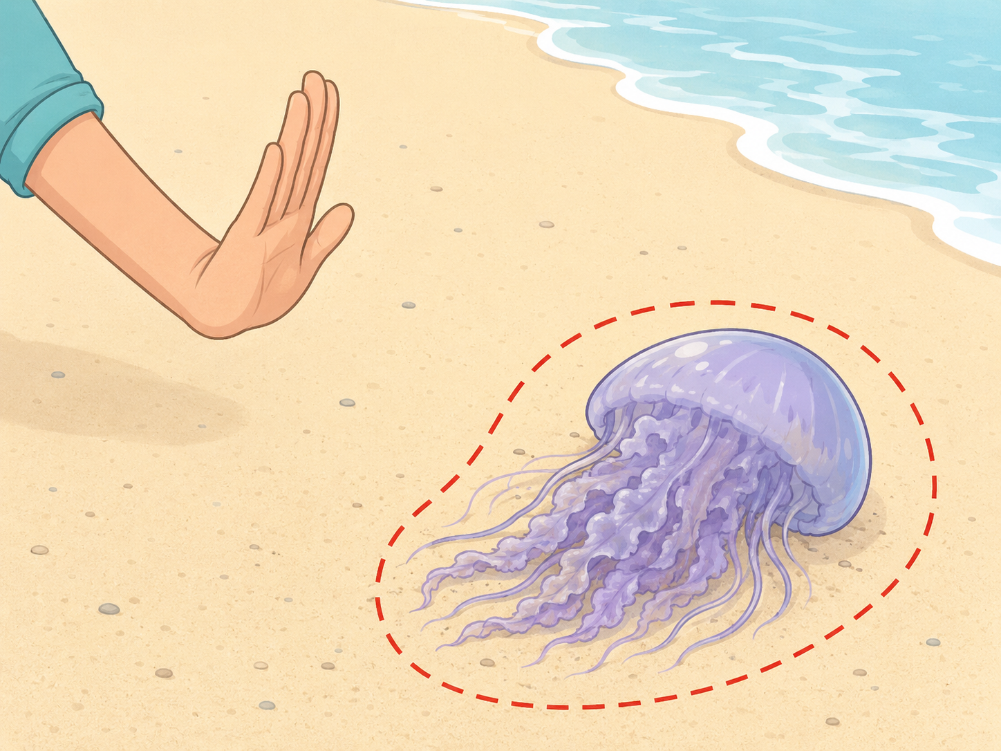 A person avoiding touching a washed-up jellyfish on the beach.