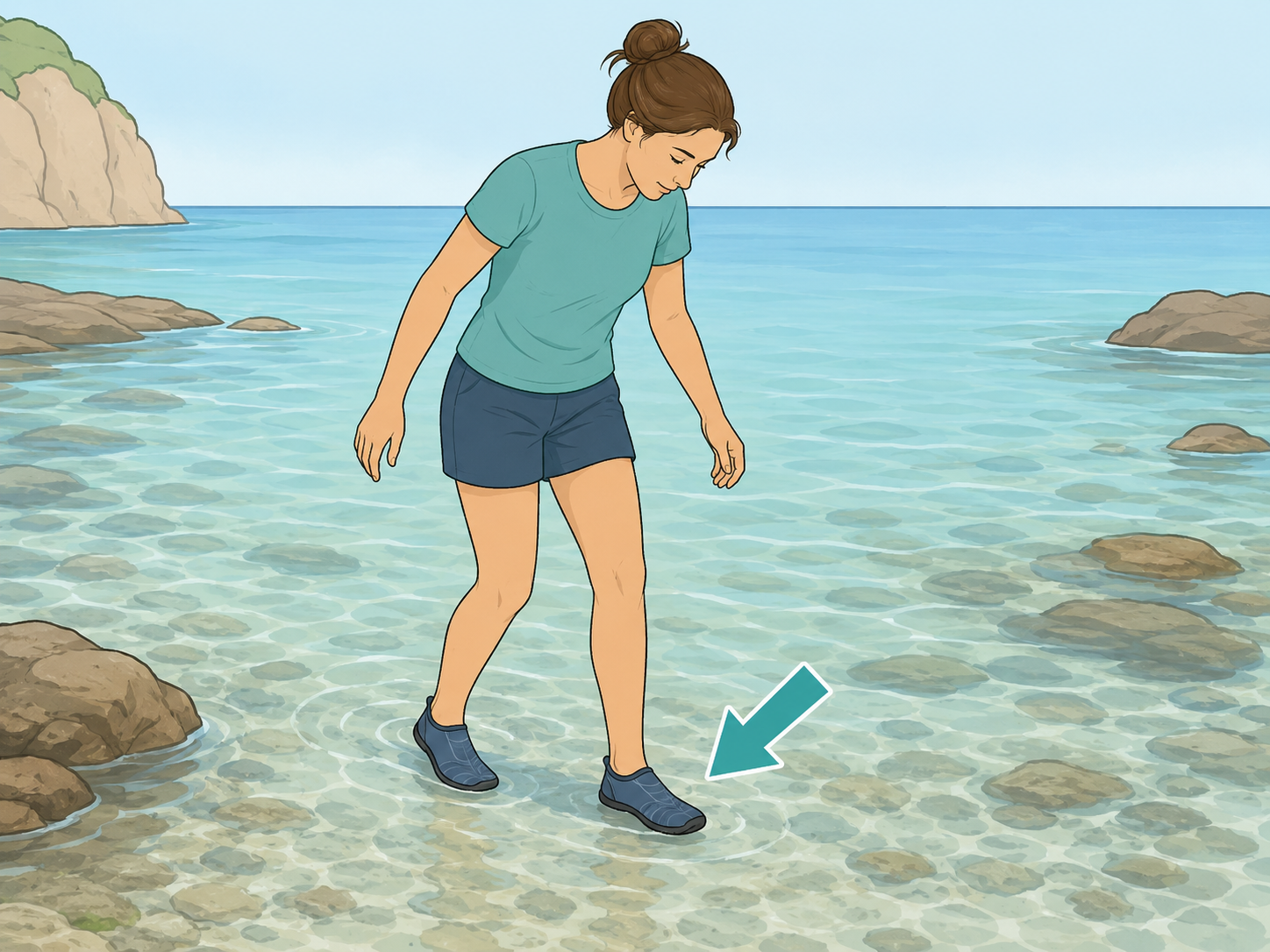 A beachgoer wading carefully with water shoes during a marine life warning.