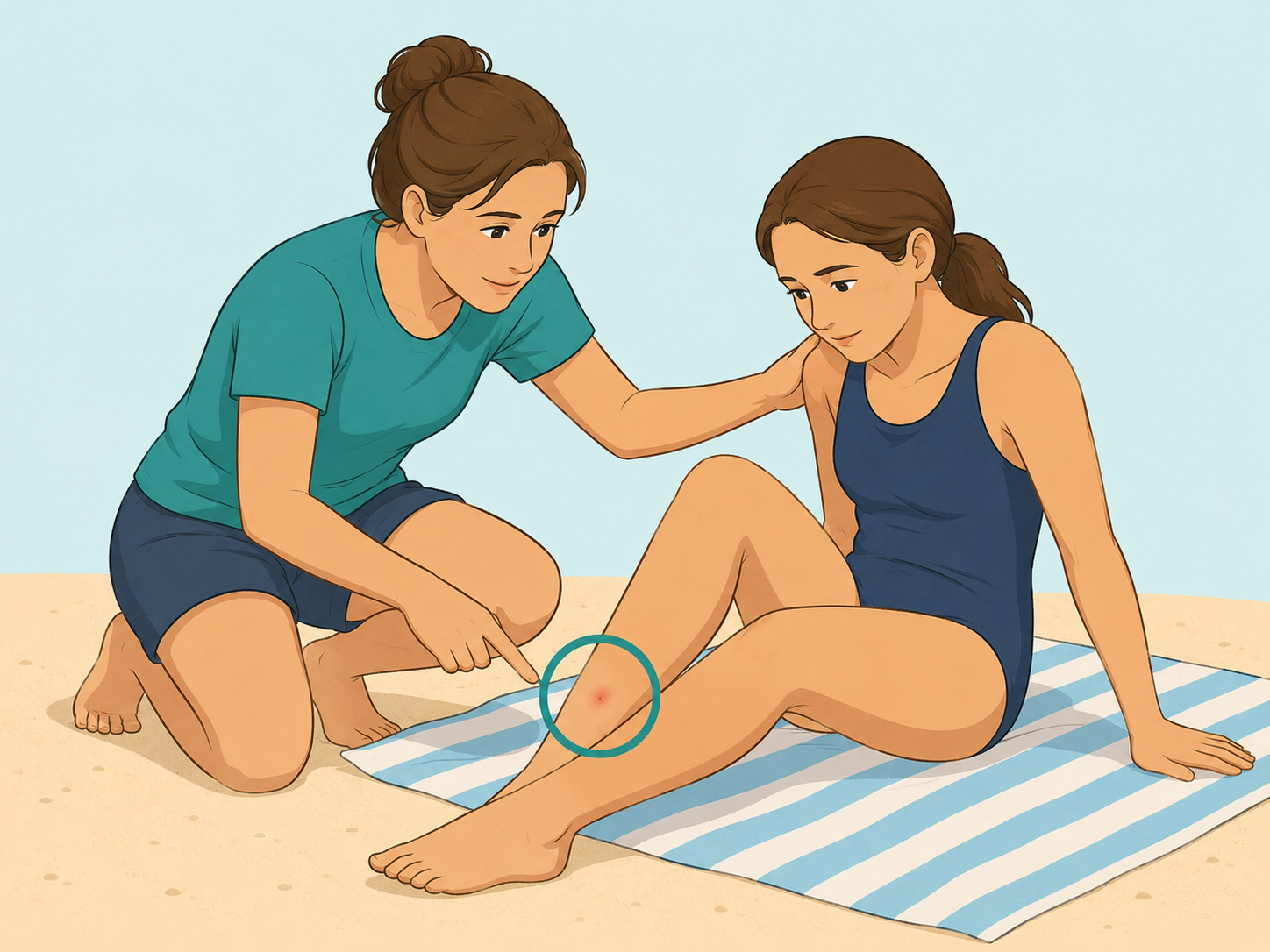A person helping someone who has been stung leave the water safely.