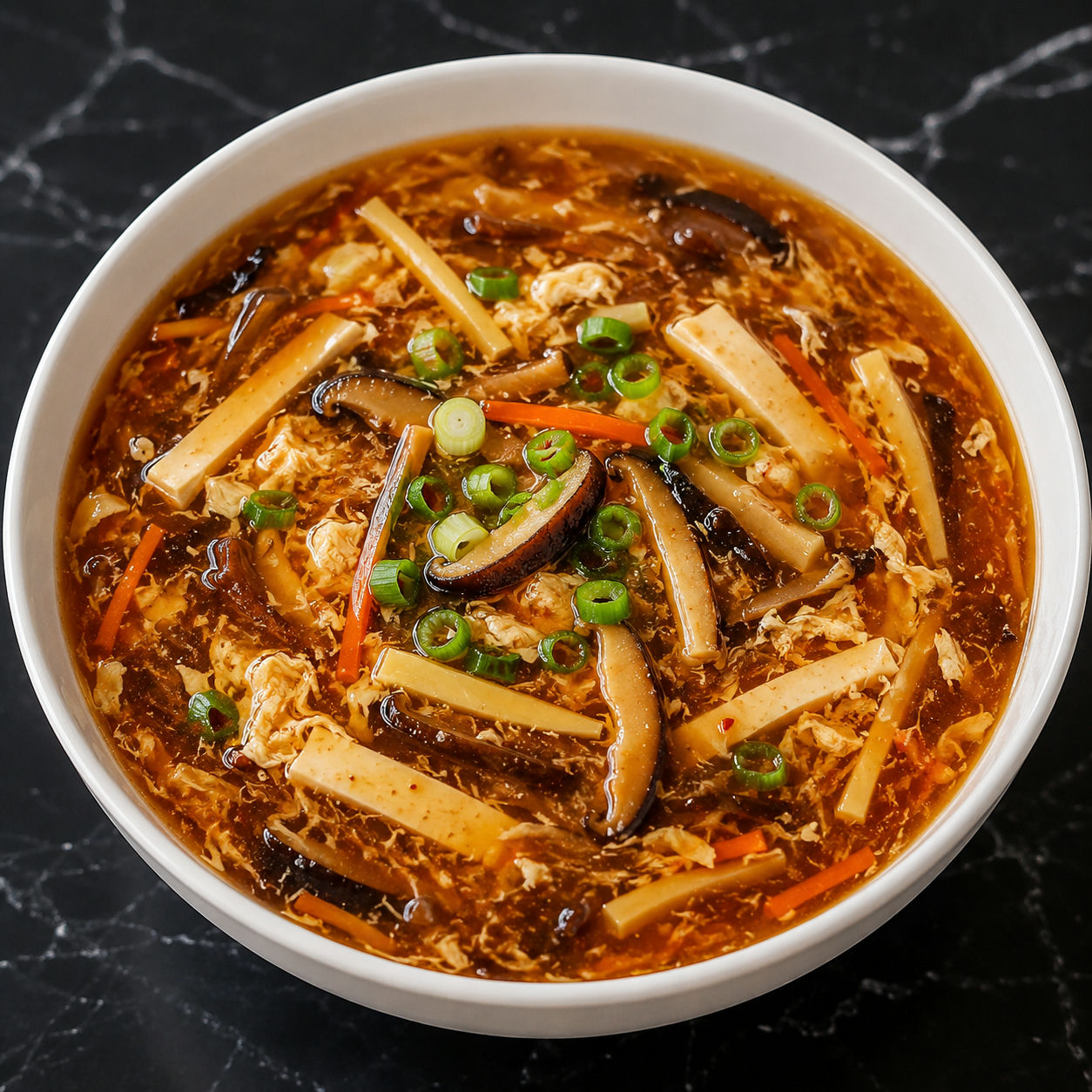 Hot and sour soup with tofu, mushrooms, egg ribbons, and green onions