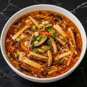 Hot and sour soup with tofu, mushrooms, egg ribbons, and green onions