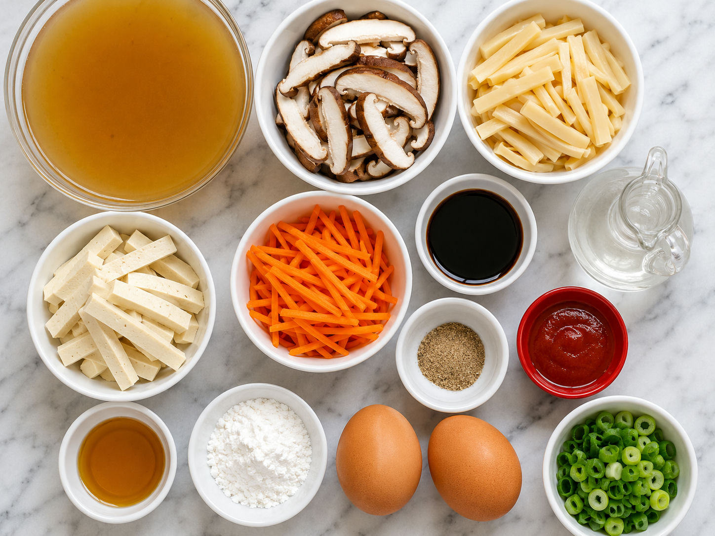 Ingredients for hot and sour soup with tofu, mushrooms, eggs, and scallions