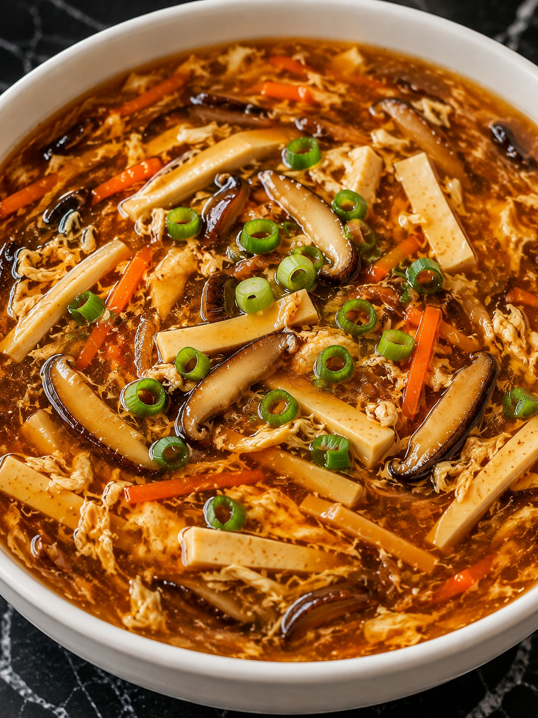 Steaming hot and sour soup with tofu, mushrooms, carrots, and scallions