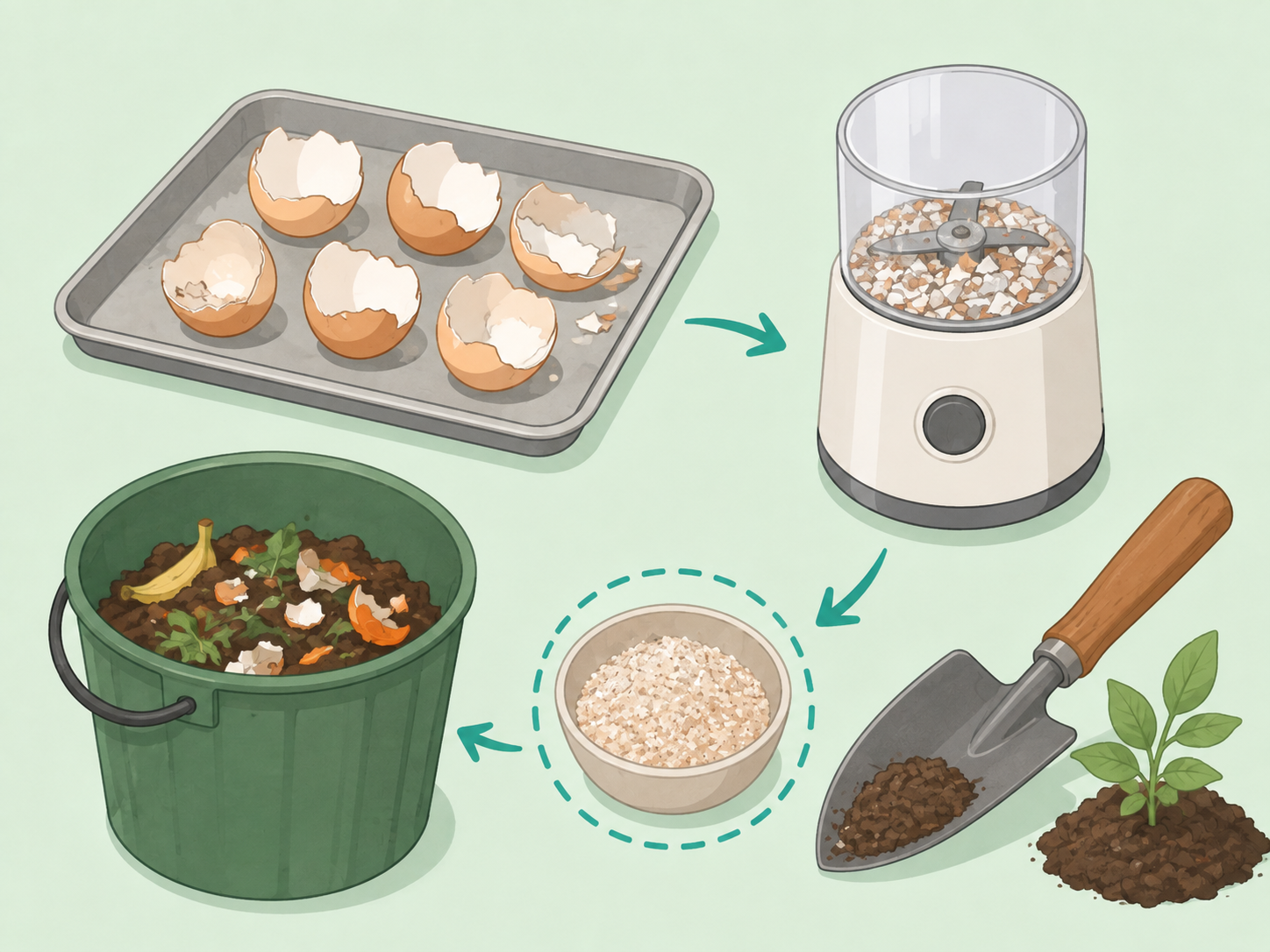 Clean eggshells being prepared for compost and garden use.