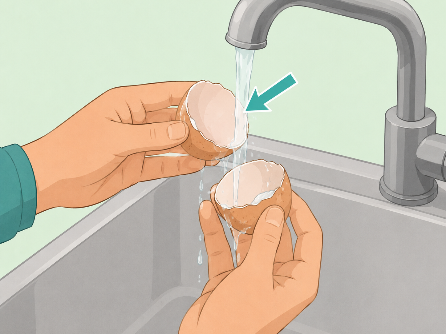 Hands rinsing the inside of cracked eggshells.