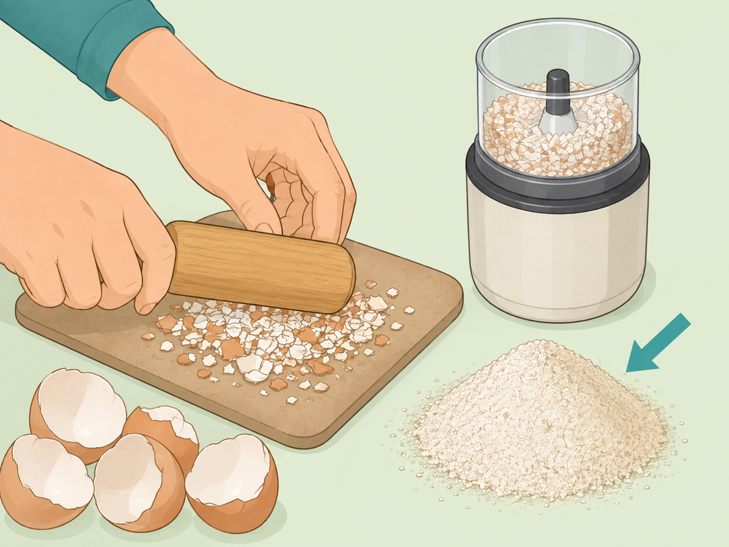 Dry eggshells being crushed into small pieces and powder.