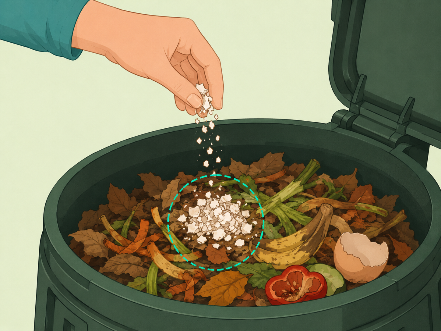 Crushed eggshells being added to a compost bin.