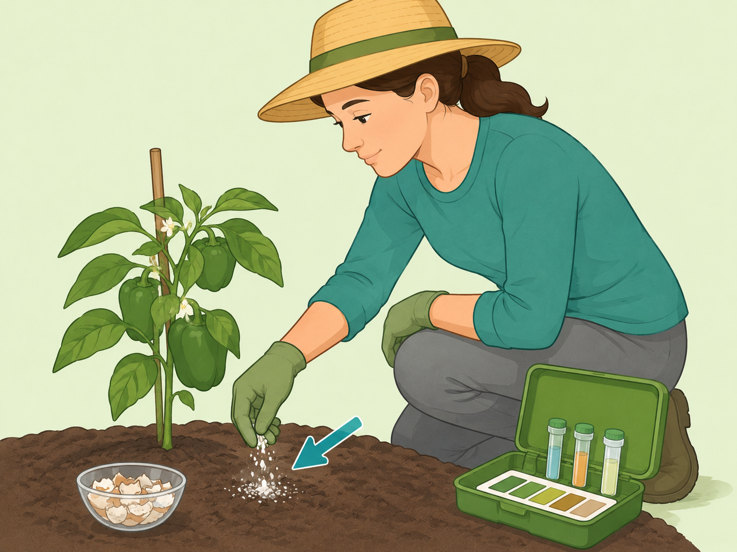Eggshell powder applied lightly near a garden plant after checking soil needs.