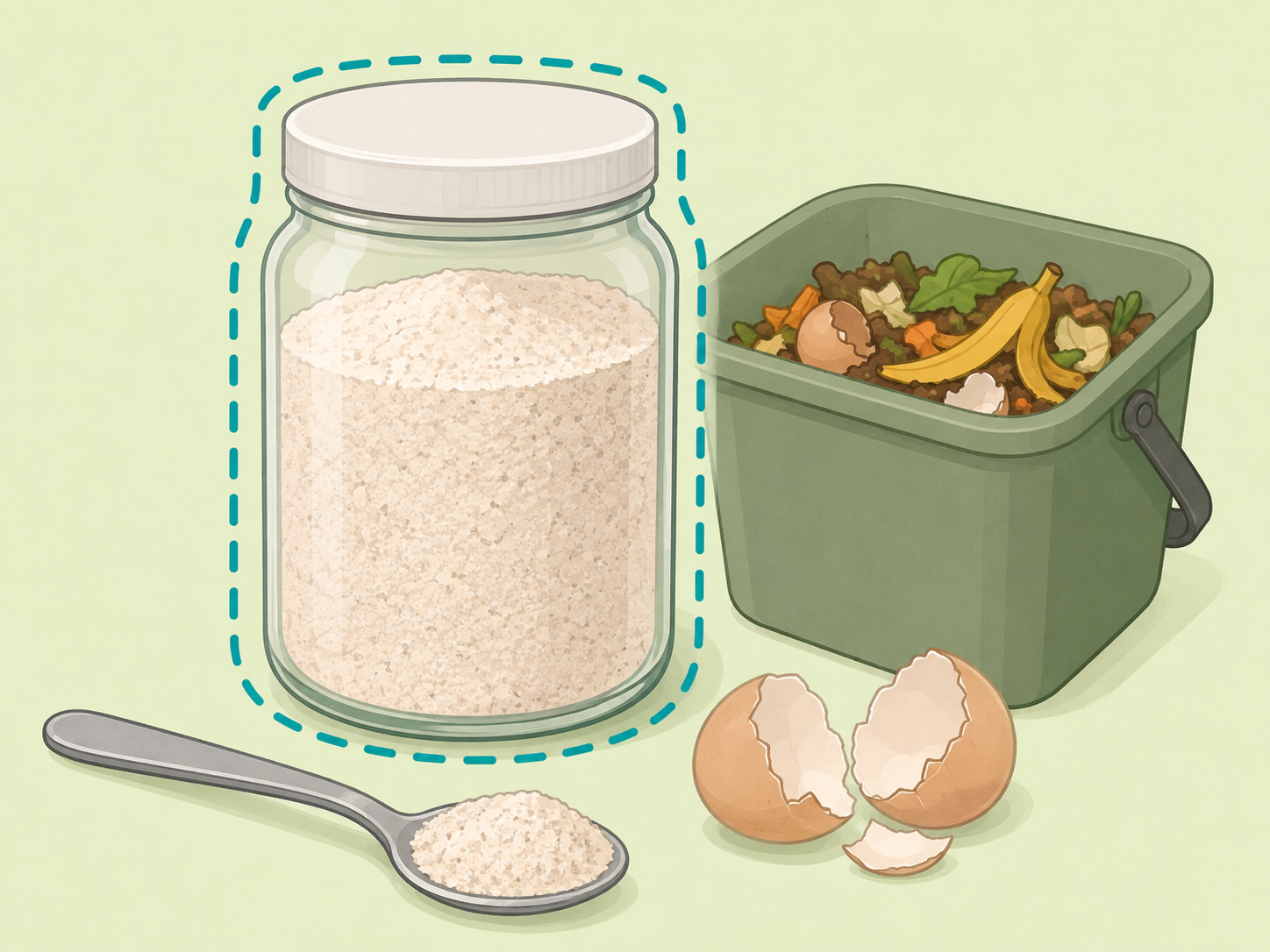 Eggshell powder stored in a dry lidded container.