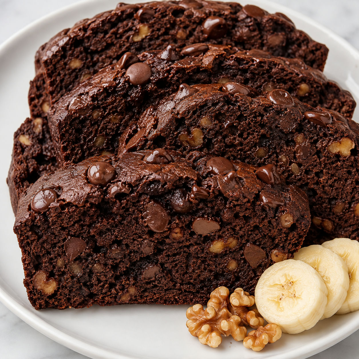Chocolate banana bread slices with walnuts and chocolate chips