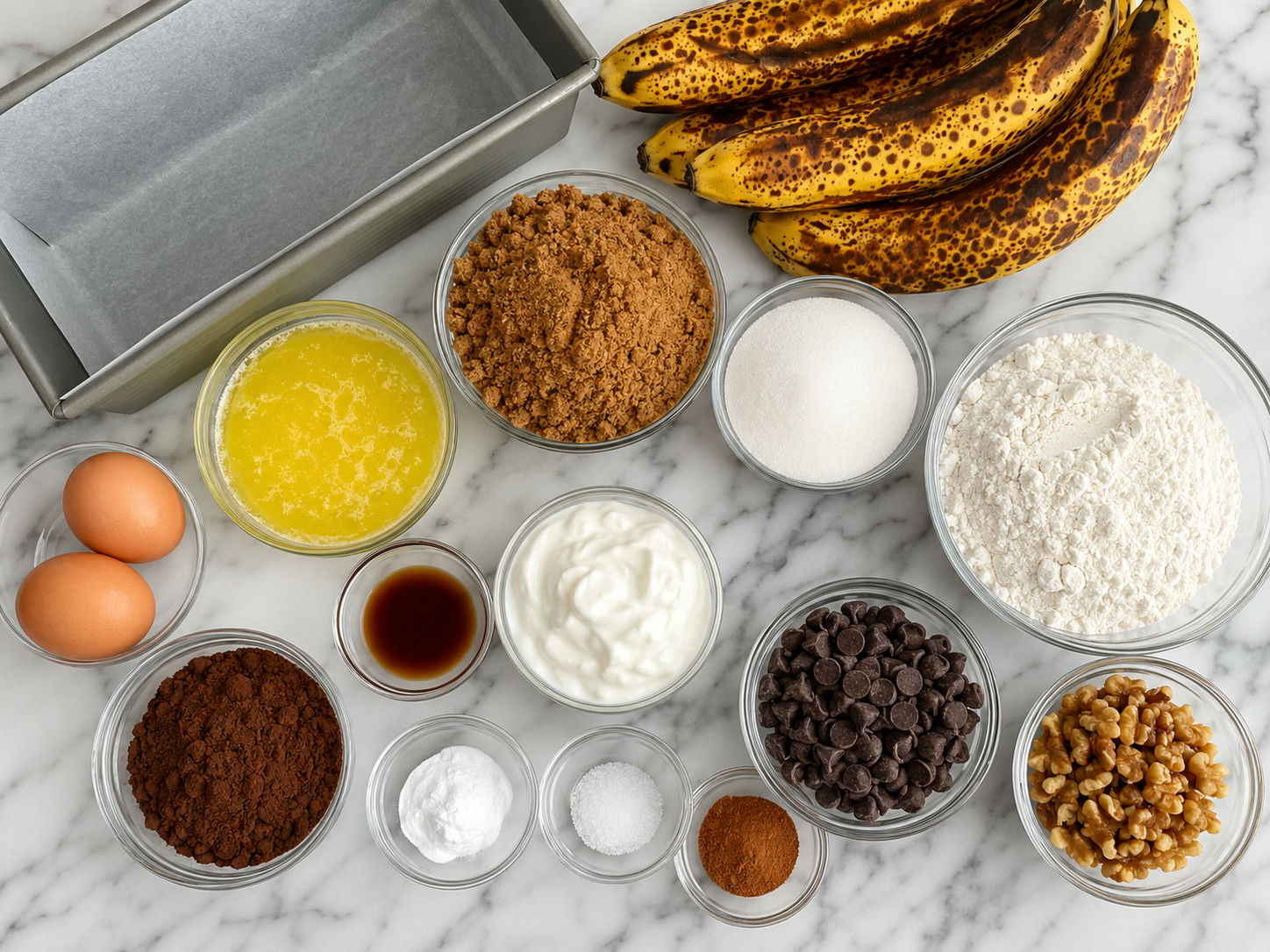 Ingredients for chocolate banana nut bread with cocoa, walnuts, and chips