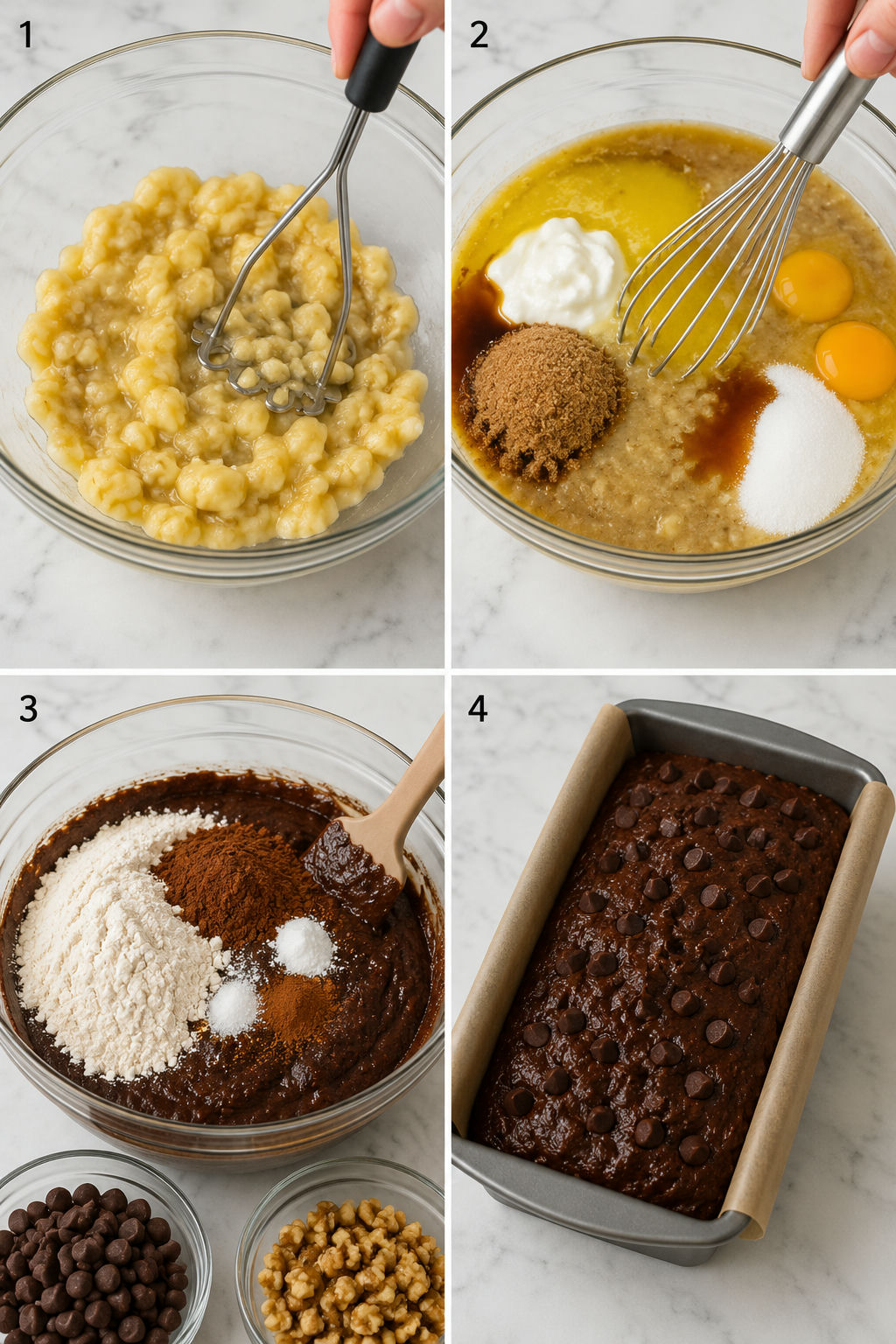 Four baking steps for chocolate banana bread with walnuts and chips