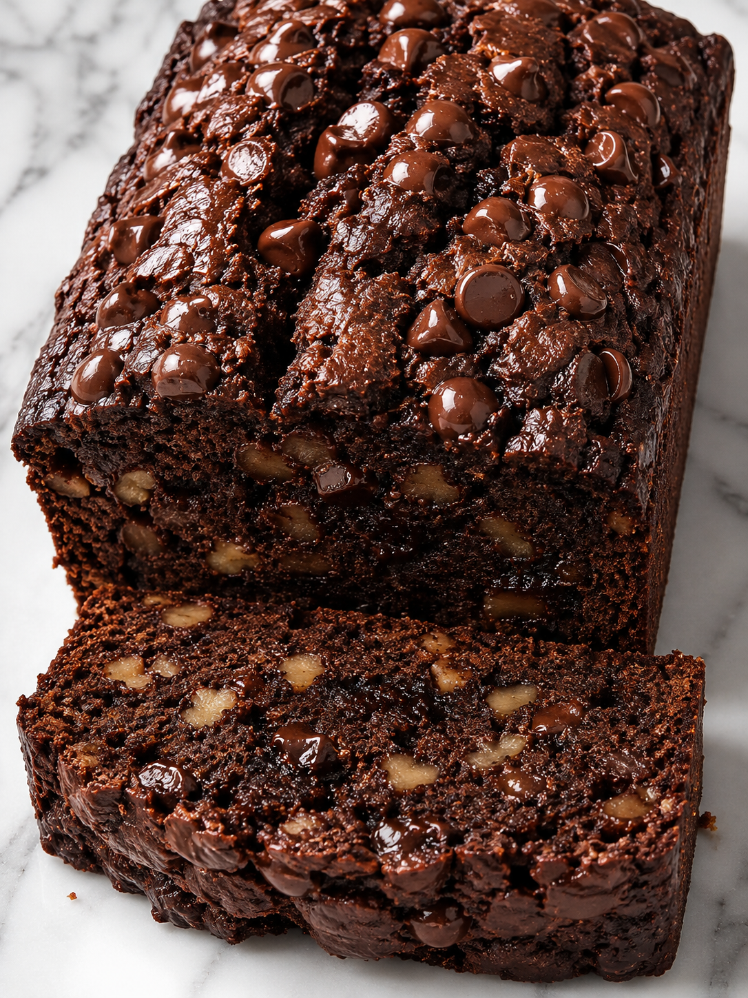 Rich chocolate banana bread loaf with walnuts and melted chocolate chips