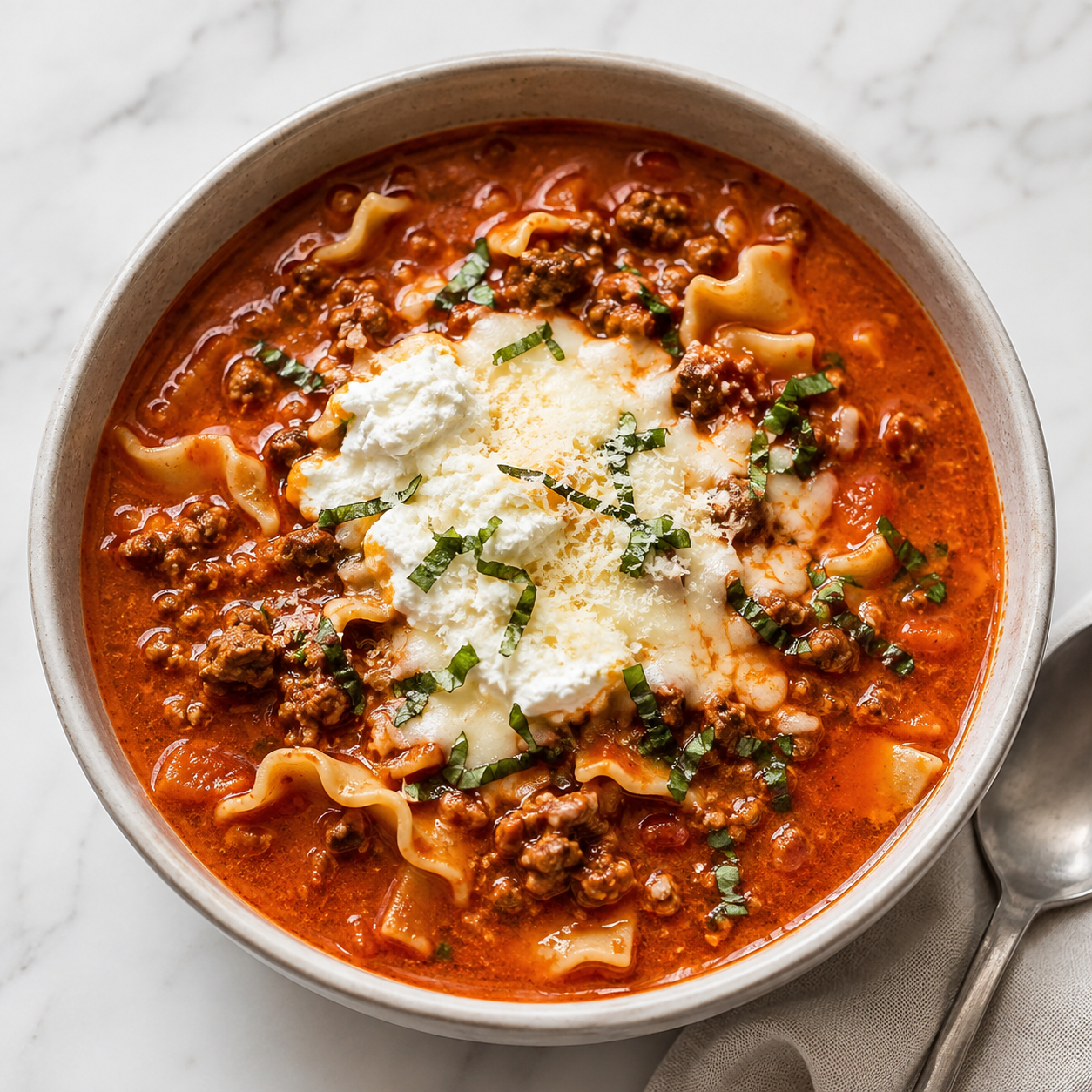 Creamy lasagna soup with ricotta topping, basil, and broken noodles