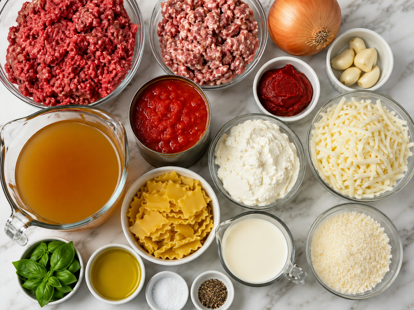 Ingredients for creamy lasagna soup with noodles, meat, tomatoes, and cheeses