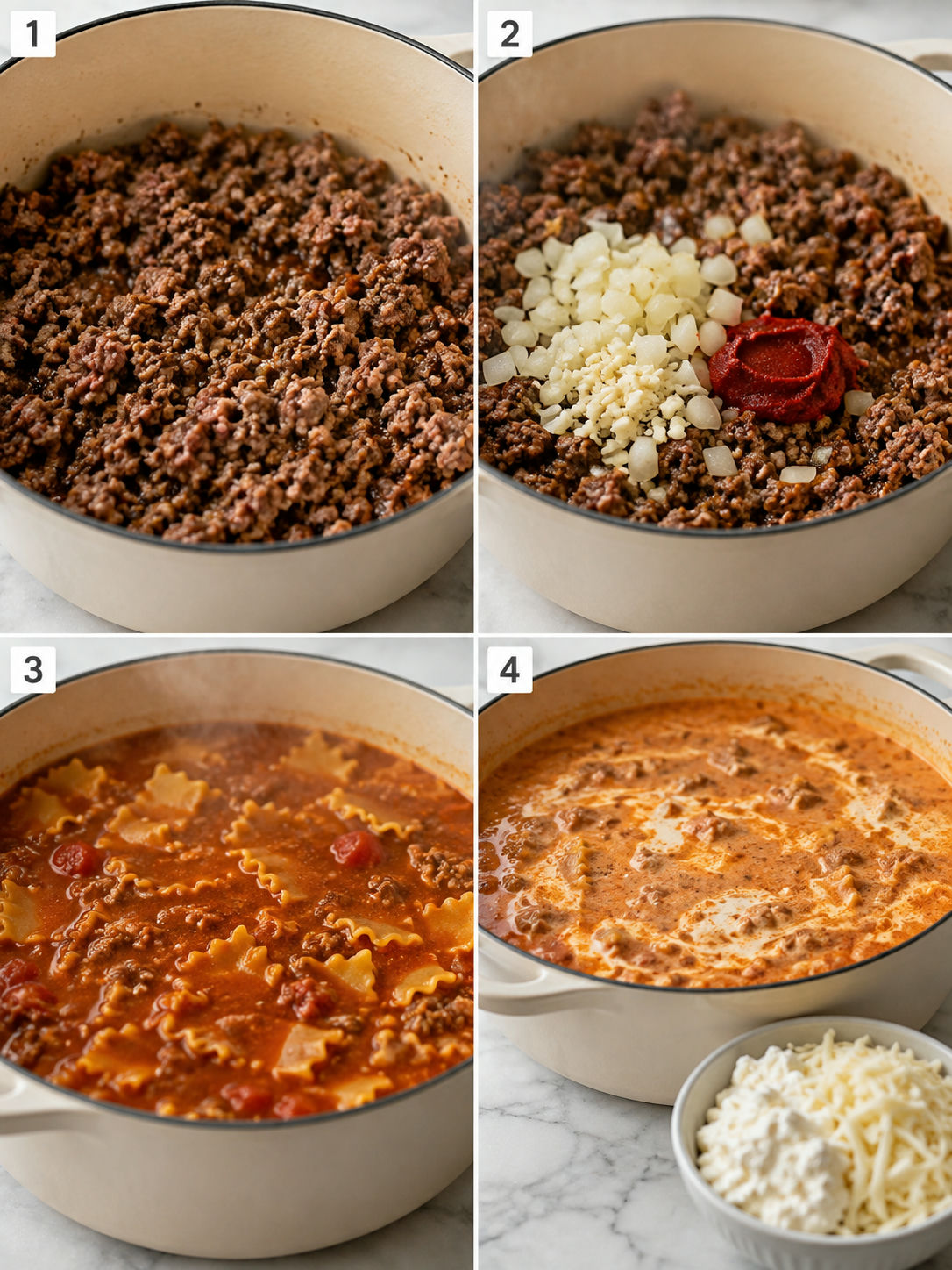Four cooking steps for creamy lasagna soup in a Dutch oven