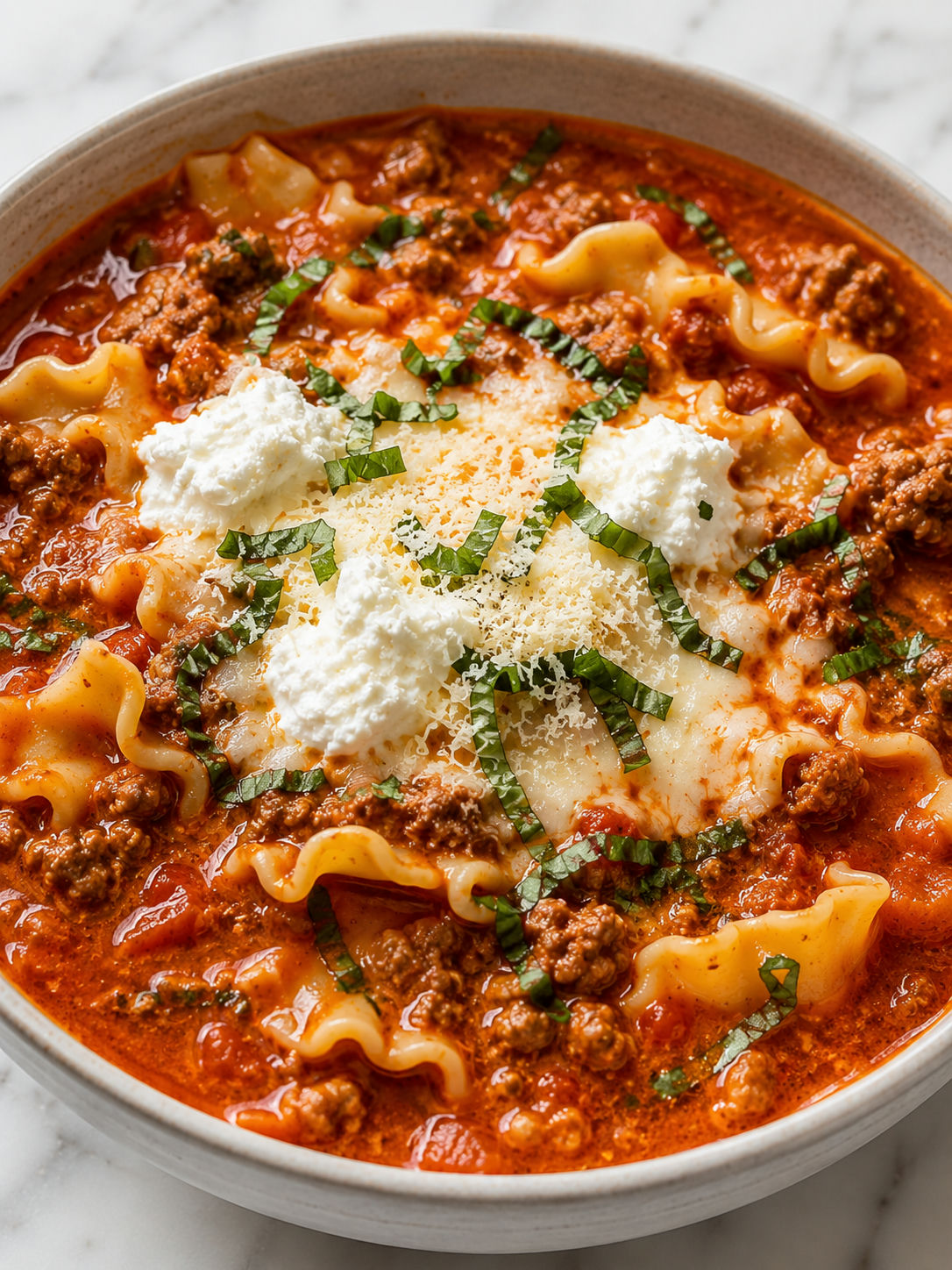 Rich creamy lasagna soup with melted ricotta topping and basil