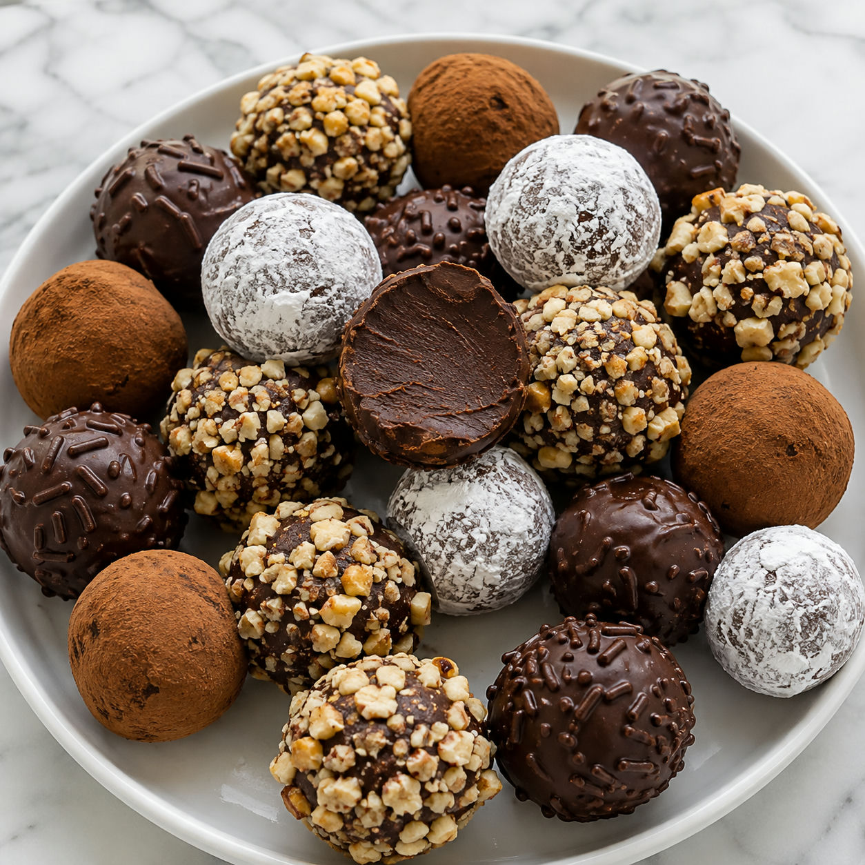 Classic chocolate truffles with cocoa, nuts, and a smooth ganache center