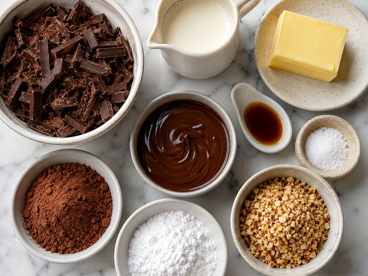 Ingredients for chocolate truffles with chopped chocolate, cream, cocoa, and nuts