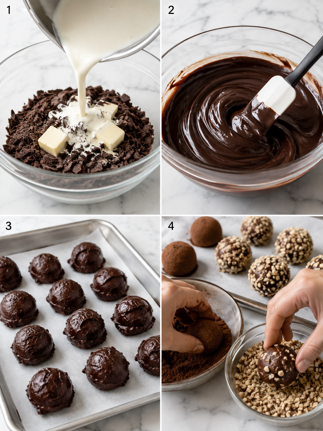 Steps for making chocolate truffles from ganache to cocoa-coated candies