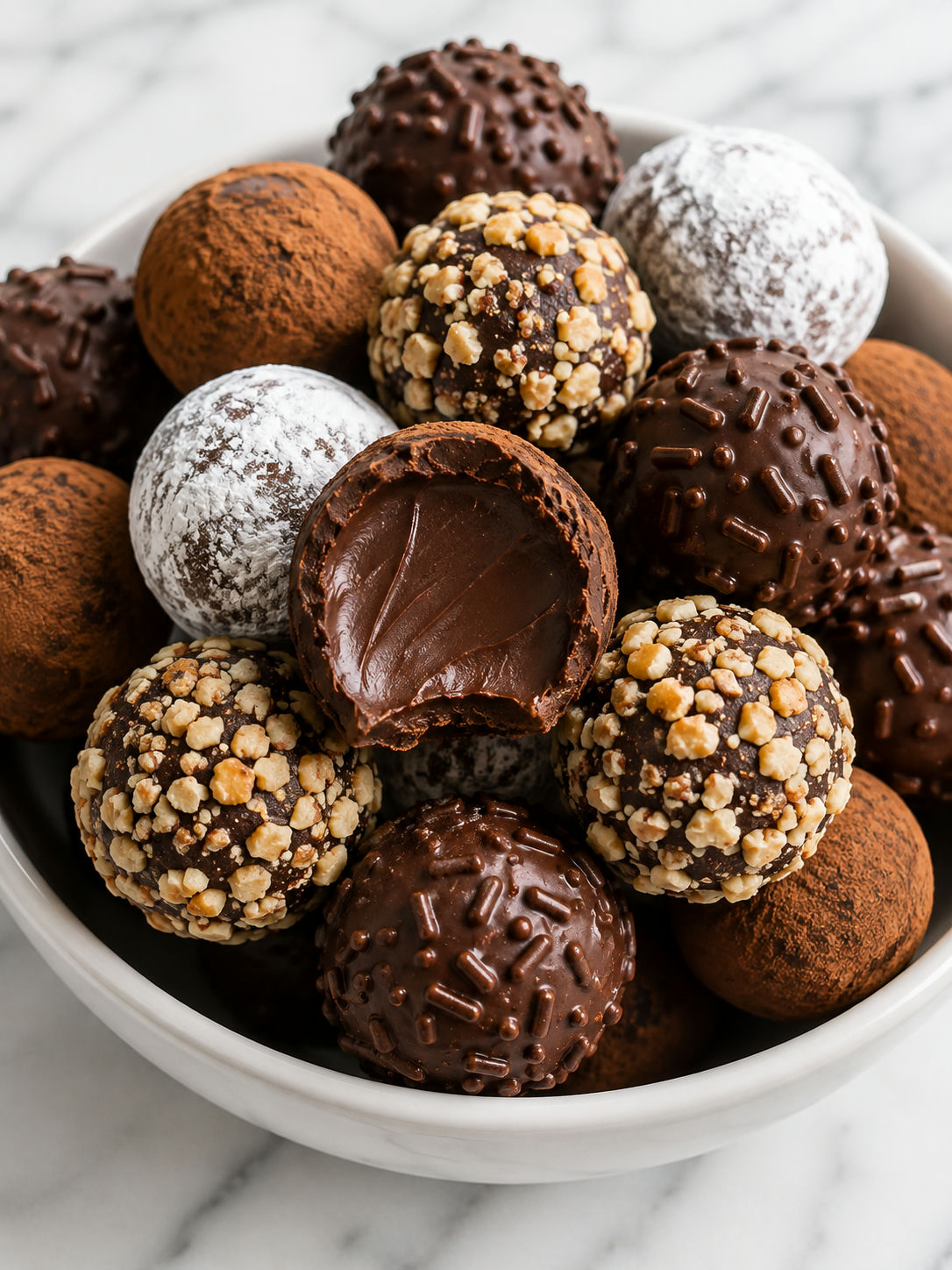 Chocolate truffles stacked in a bowl with a smooth dark ganache center