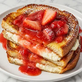 Ricotta stuffed French toast with strawberry sauce on a white plate