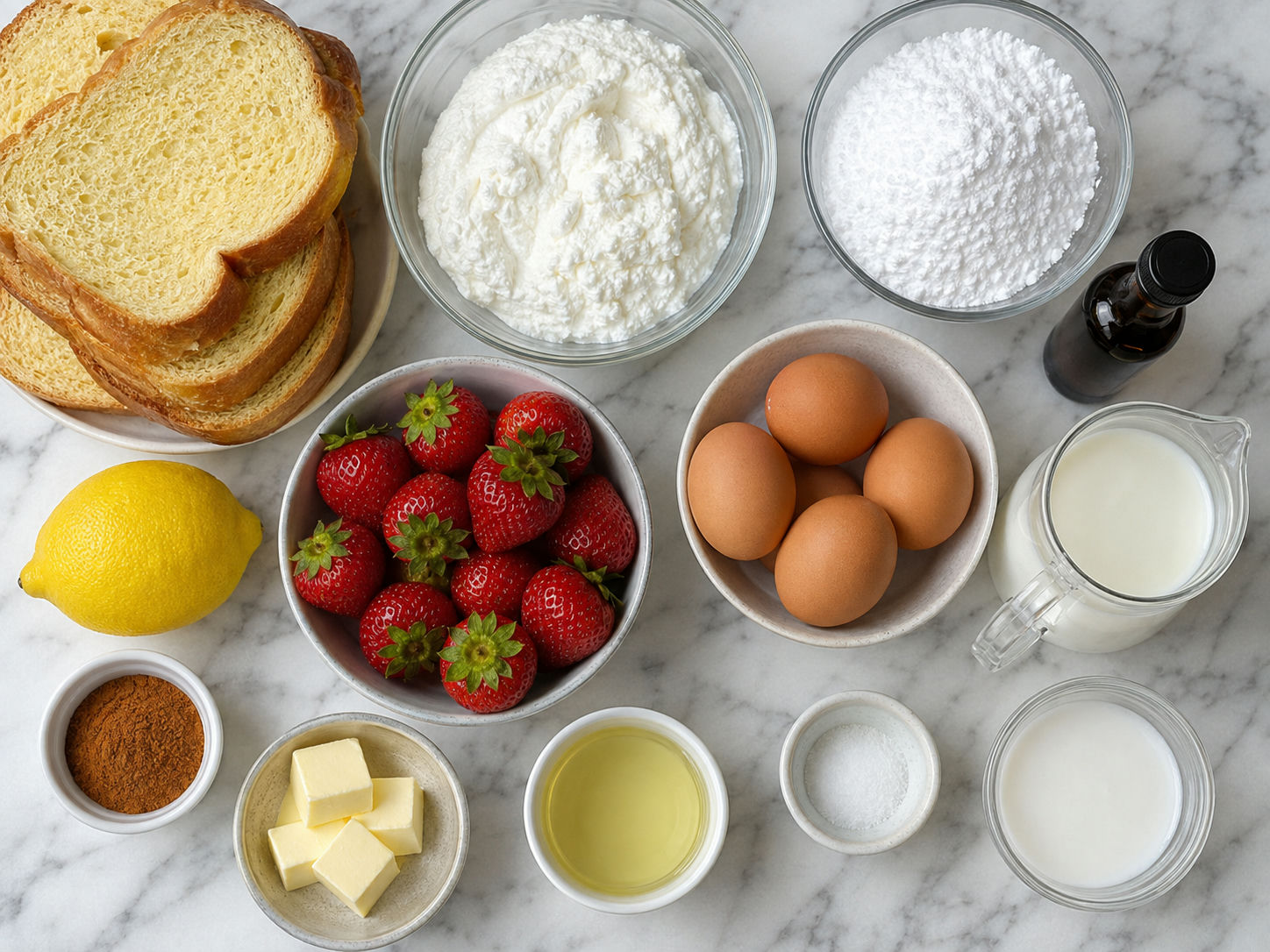 Ingredients for ricotta stuffed French toast with strawberries and brioche