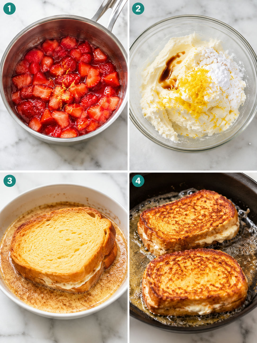 Four cooking steps for ricotta stuffed French toast with strawberry sauce