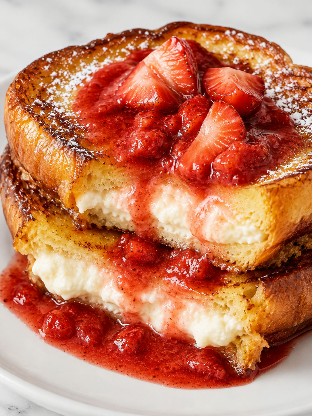 Golden ricotta stuffed French toast covered with warm strawberry sauce