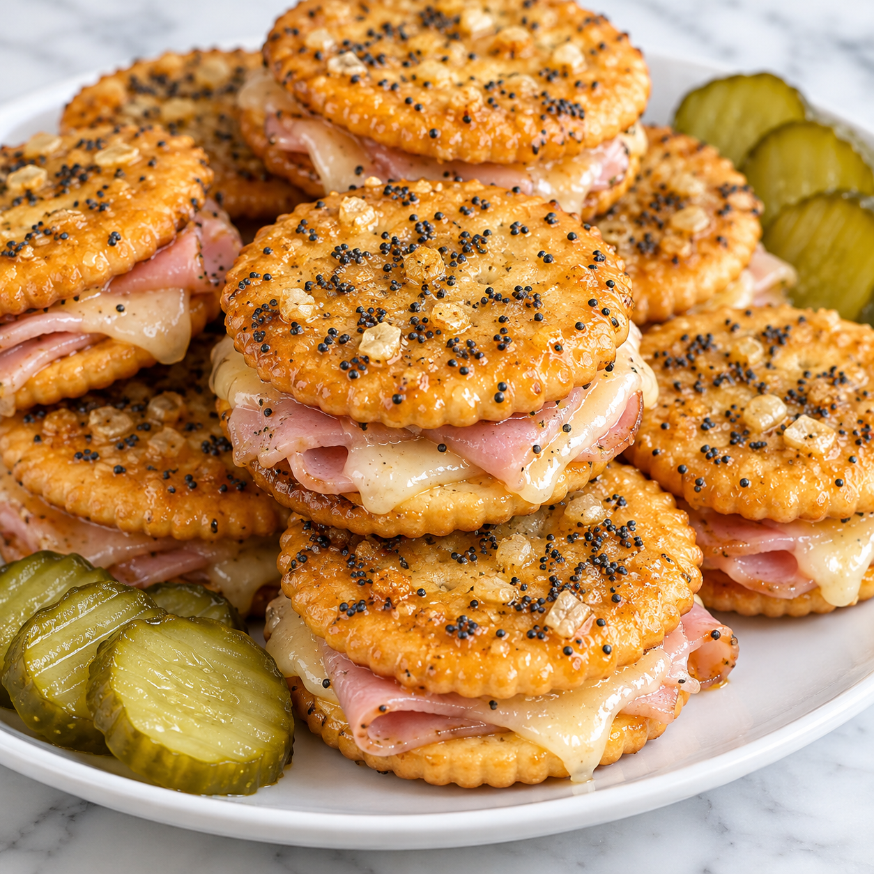 Baked Ritz cracker party sandwiches with ham, Swiss, and poppy seeds