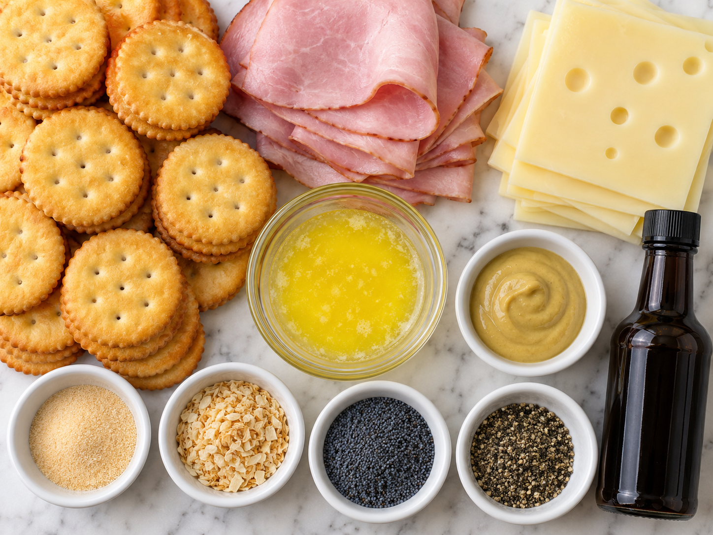 Ingredients for Ritz cracker party sandwiches with ham, Swiss, and glaze