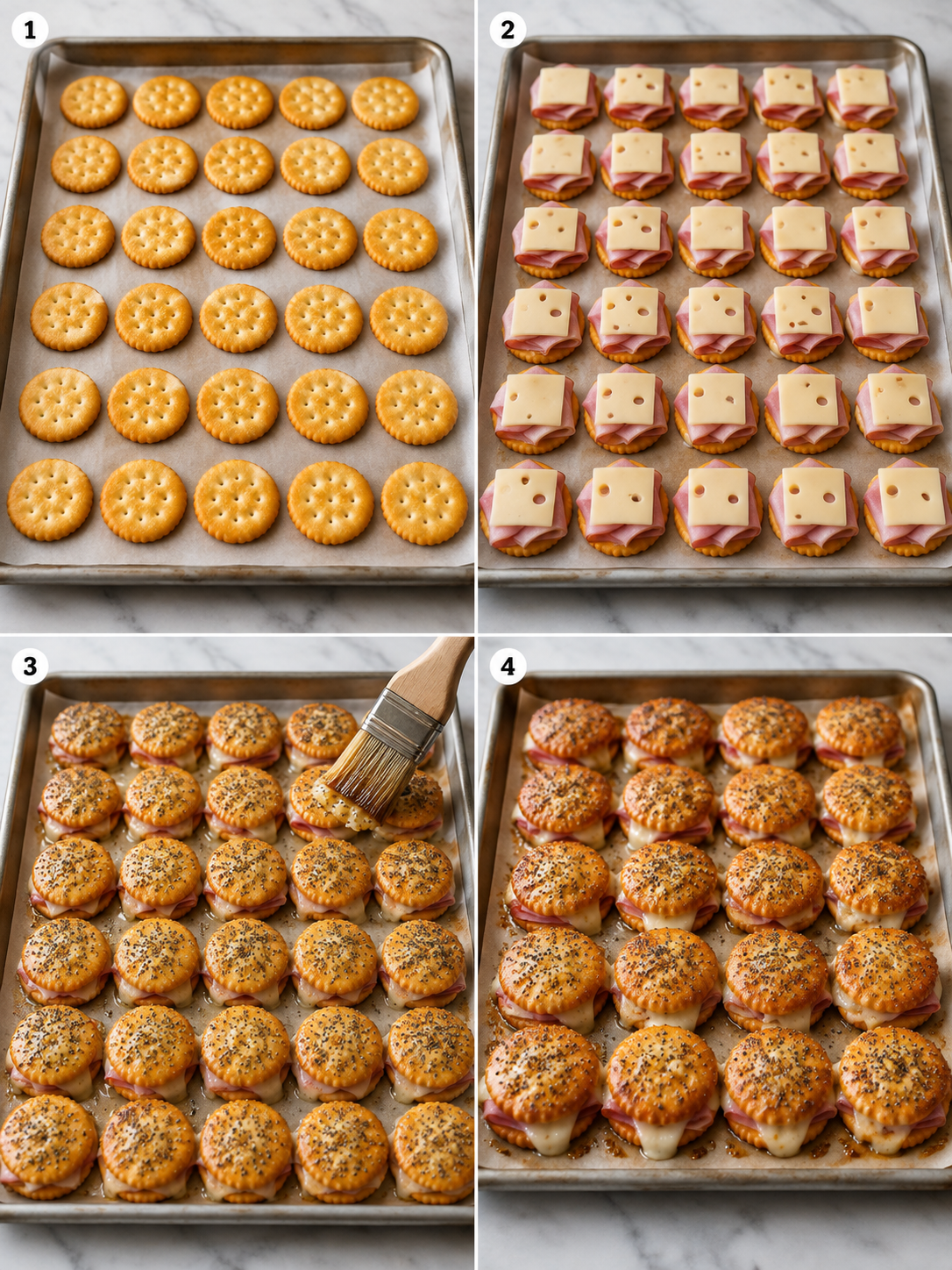 Four steps for assembling and baking Ritz cracker party sandwiches