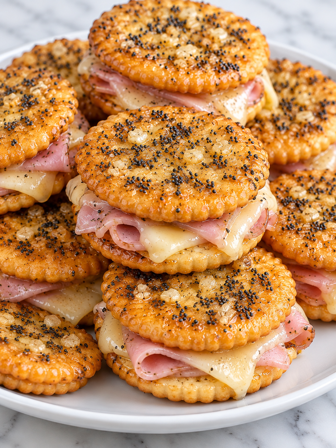 Stacked Ritz cracker party sandwiches with melted Swiss and ham